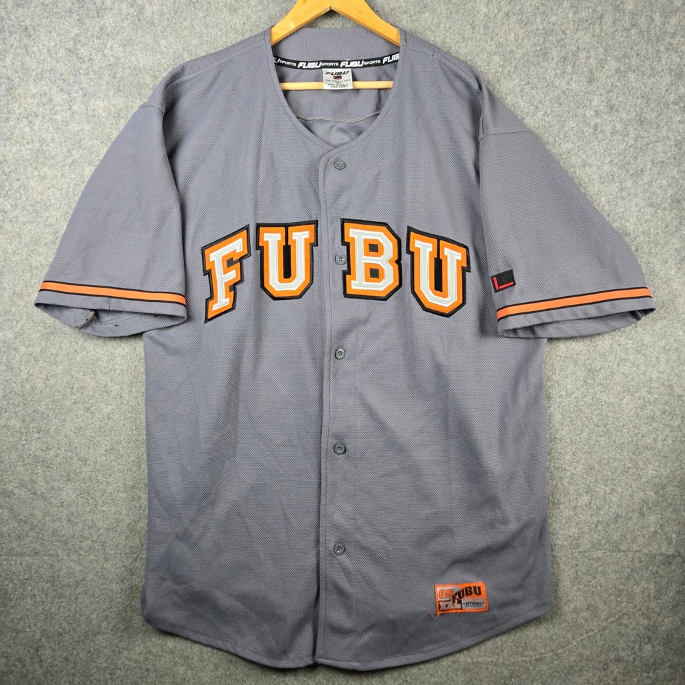 Vtg FUBU Baseball Jersey Mens XL Grey Orange Streetwear Y2K Baggy 90s Sports